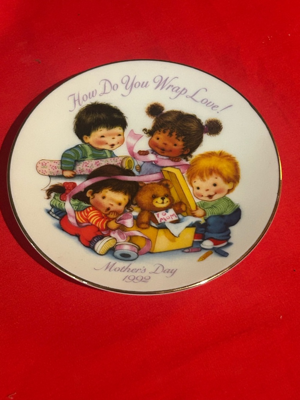 Avon White Porcelain Plate with Purple Script and Gold Trim